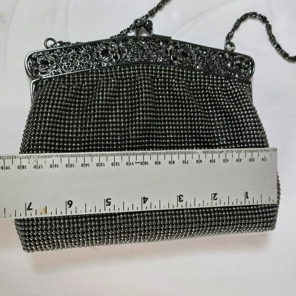 Vintage Talbots Black Beaded Evening Purse With Ornate Metal Frame & Chain Strap - Picture 8 of 10